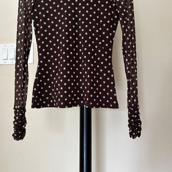 INC Fitted Stretchy Brown Mesh Polka Dot Long Sleeve High Roched Neckline Blouse - Picture 3 of 11